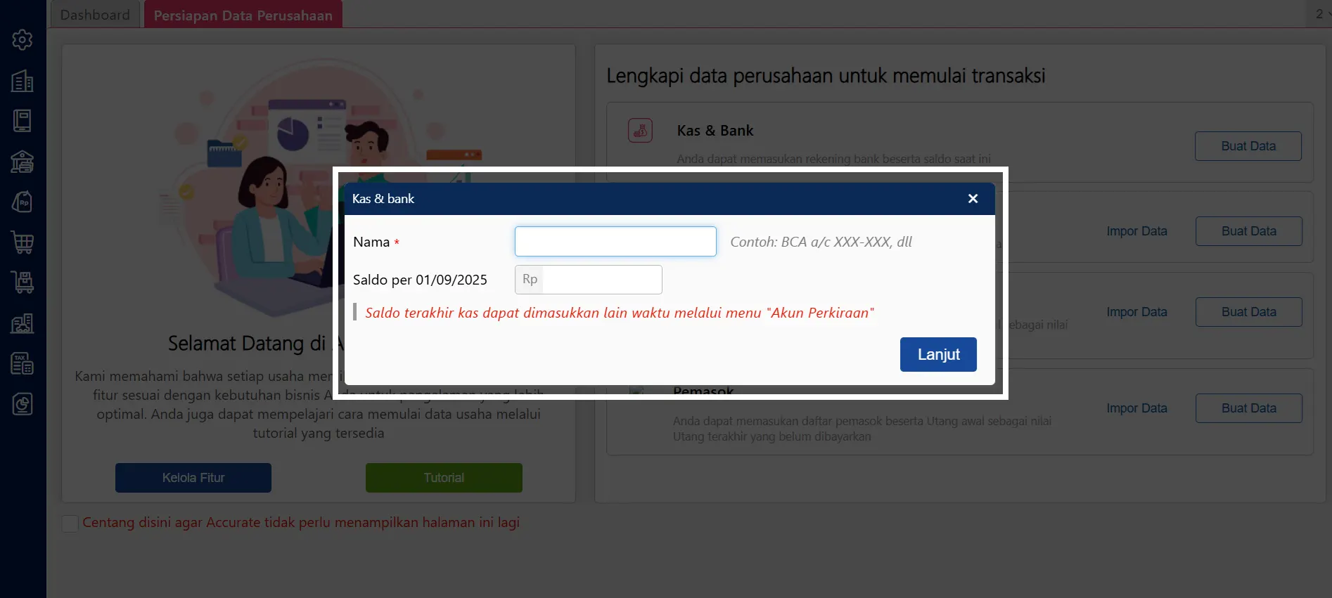 mengisi info Kas &amp; Bank